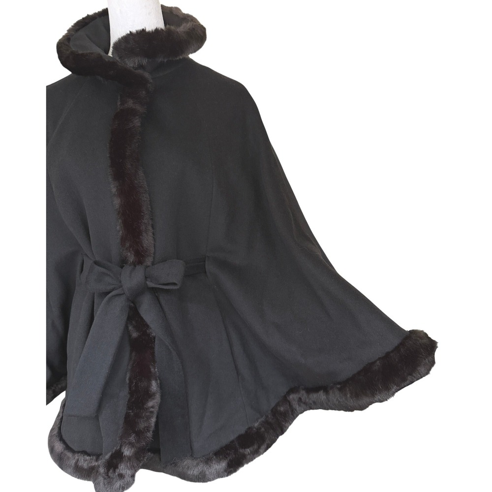Ellen Tracy Wool Blend Faux Fur Trim Belted Poncho Cape Coat Black M Winter Glam - Picture 11 of 16